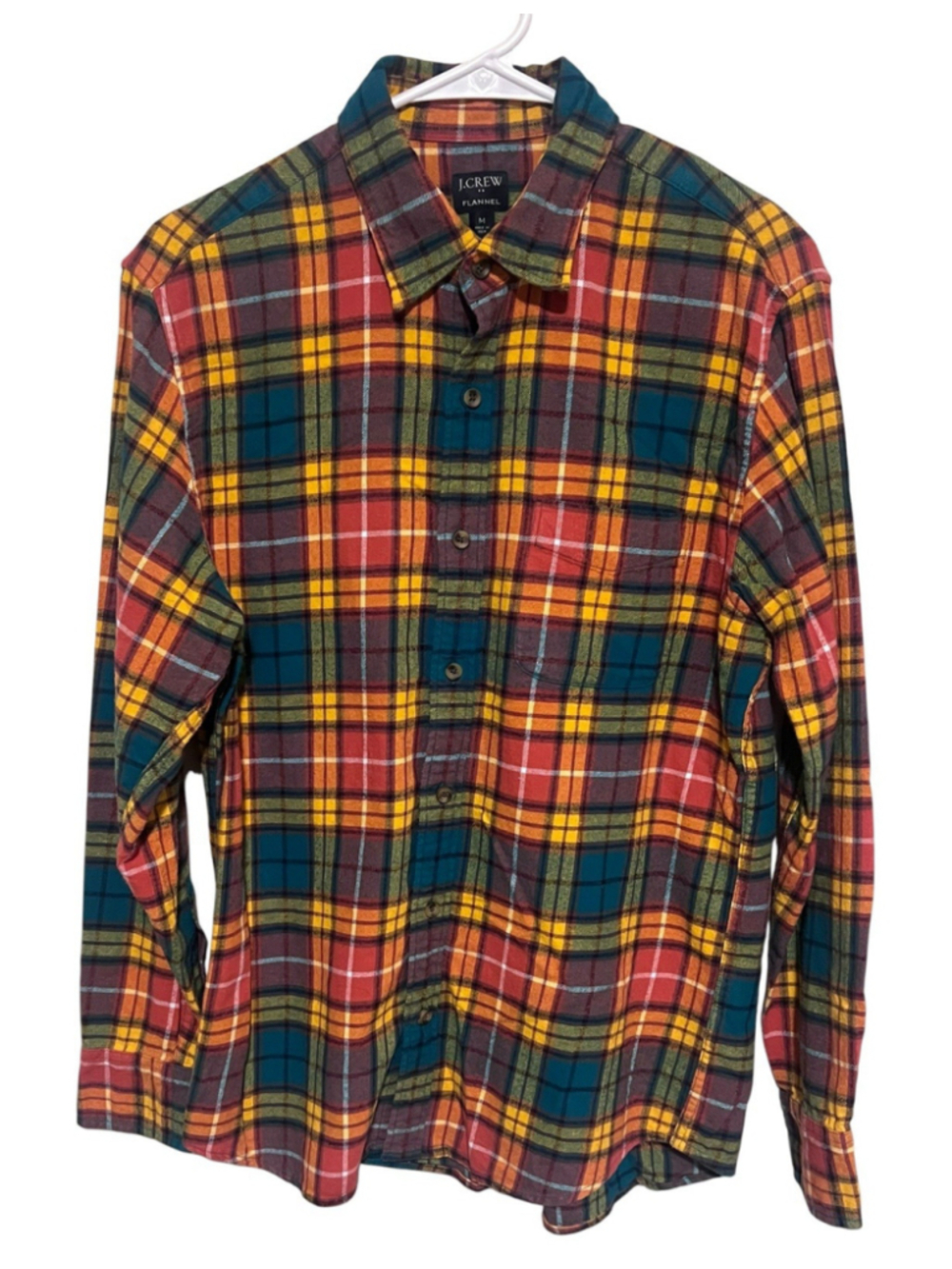 J Crew Shirt Mens Medium Green Orange Plaid Midweight Flannel Fall Outdoor